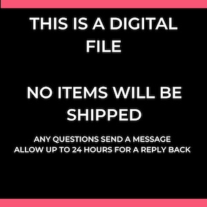 K&ouml;nnte beinhalten: Schwarzer Hintergrund mit wei&szlig;em Text: &bdquo;DIES IST EINE DIGITALE DATEI. ES WERDEN KEINE ARTIKEL VERSENDET. BEI FRAGEN SENDEN SIE EINE NACHRICHT, RECHNEN SIE MIT BIS ZU 24 STUNDEN F&Uuml;R EINE ANTWORT.&ldquo; Unten ein rosa Balken.