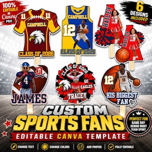May include: A set of six custom sports fan cutout templates featuring various athletic designs including football jerseys, basketball uniforms, and cheerleader graphics with text like Class of 2026, Campbell, Hailey, James, and Tracey.