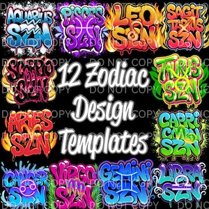 Peut inclure: Fond noir avec 12 motifs de signes du zodiaque color&eacute;s de style graffiti. Chaque motif pr&eacute;sente le symbole du zodiaque et le mot "SZN". Le texte "12 Zodiac Design Templates" est &eacute;galement pr&eacute;sent.