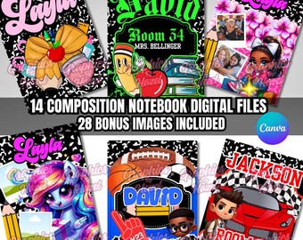 14 Pre-Made composition notebooks for boys and girls- Editable in Canva Pro 28 bonus images included