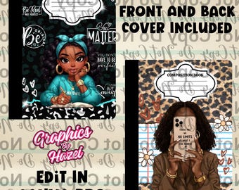 4 Inspirational Girly  theme Composition Notebook Covers Front Back Printable PNG Canva Template