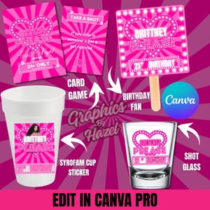 Plantilla editable de Canva "B***h Please": abanico de cumpleaños con vaso de chupito, plantilla de vaso de poliestireno, juego de cartas de cumpleaños