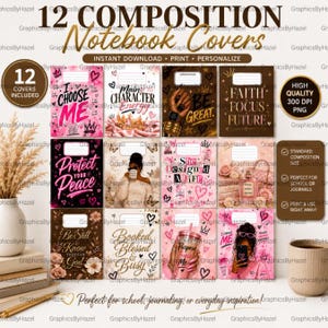 Può includere: Una collezione digitale di 12 copertine per quaderni con vari design e testi, tra cui I CHOOSE ME, MAIN CHARACTER ENERGY, BE GREAT, FAITH FOCUS FUTURE, PROTECT YOUR PEACE, SHE DESIGNED A LIFE, BE STILL AND KNOW THAT I AM GOD, BOOKED BLESSED & BUSY e PURPOSE FEELS ME.
