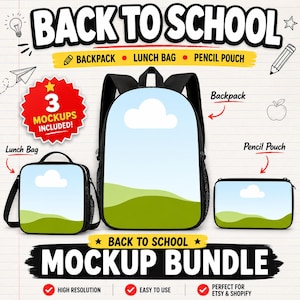 May include: A back-to-school mockup bundle featuring a black backpack, a lunch bag, and a pencil pouch. Each item displays a light blue sky with a white cloud and green rolling hills. The text reads BACK TO SCHOOL, 3 MOCKUPS INCLUDED!