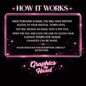 以下が含まれることがあります： ピンクのネオンの縁取りと「HOW IT WORKS」というテキストが入った黒いグラフィック。テキストは、購入後にデジタルテンプレートにアクセスするプロセスを説明しており、PDFファイルの受信やCanvaテンプレートへのアクセスが含まれます。グラフィックには「Graphics by Hazel」というテキストも含まれています。