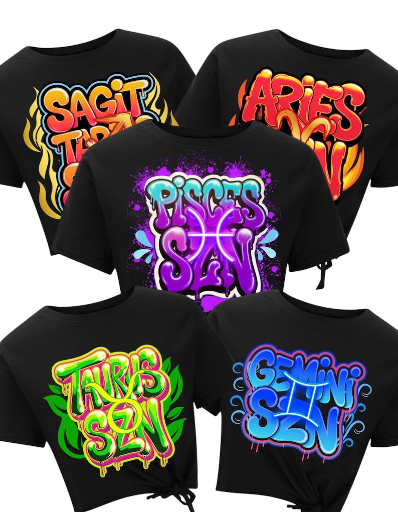 Peut inclure: Des crop tops noirs avec des motifs de signes du zodiaque de style graffiti. Les chemises pr&eacute;sentent les mots "SAGITTARIUS SZN", "ARIES SZN", "PISCES SZN", "TAURUS SZN" et "GEMINI SZN" dans des couleurs vives, pour les passionn&eacute;s d'astrologie.