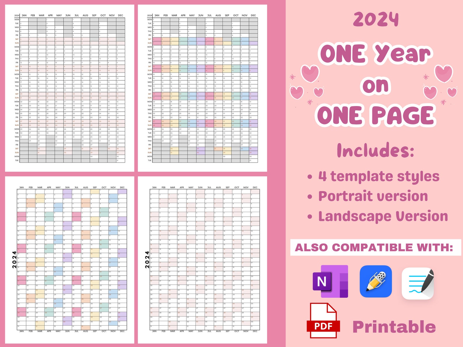 Printable 2024 Yearly Calendar Annual Planner Template BUNDLE Year at a ...