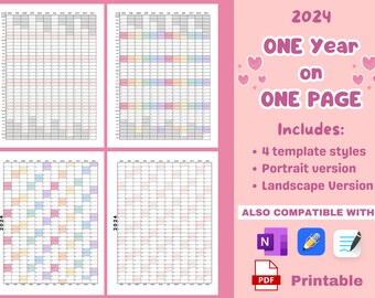 Printable 2024 Yearly Calendar annual planner template BUNDLE Year at a glance planner insert page Printable office calendar to do list page