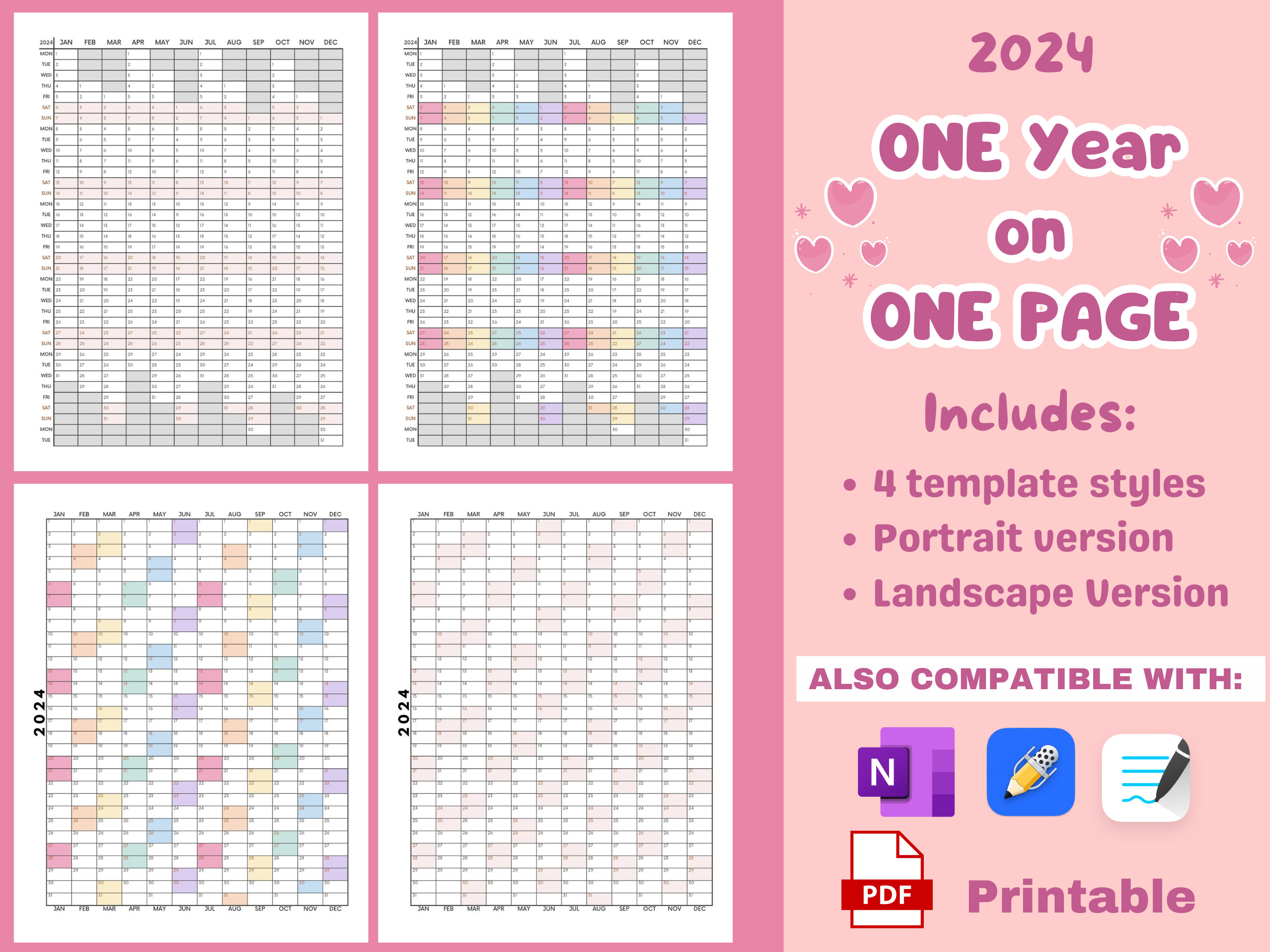 Printable 2024 Yearly Calendar Annual Planner Template BUNDLE Year at a ...