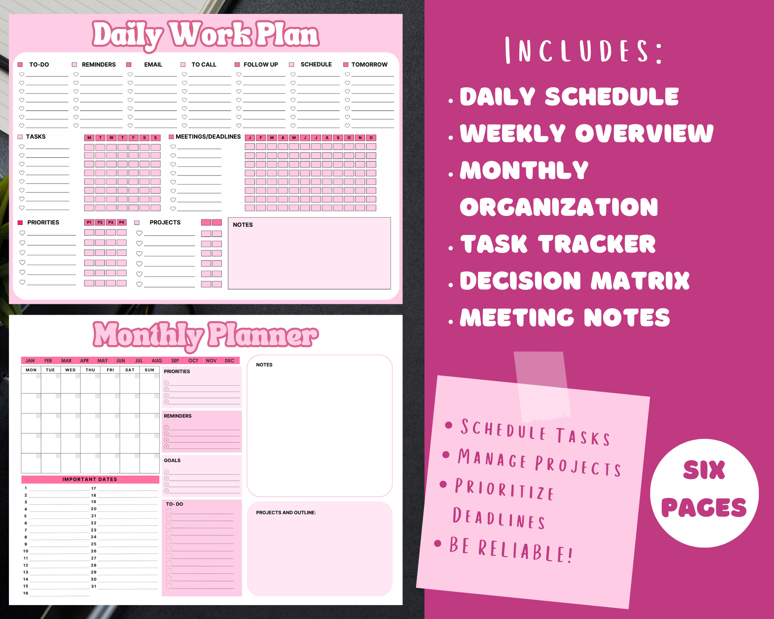Pink Work Planner! Office Task Tracker Printable Work Day Organizer and ...