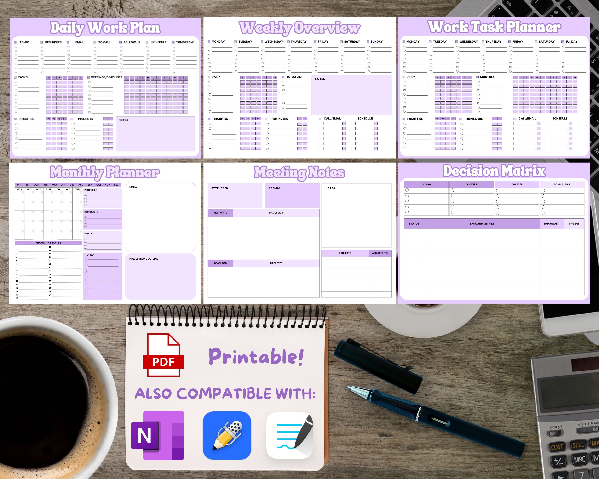 Purple Work Planner Office Task Tracker Printable Work Day Organizer ...
