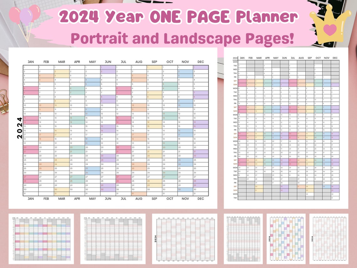 Printable 2024 Yearly Calendar Annual Planner Template BUNDLE Year at a ...