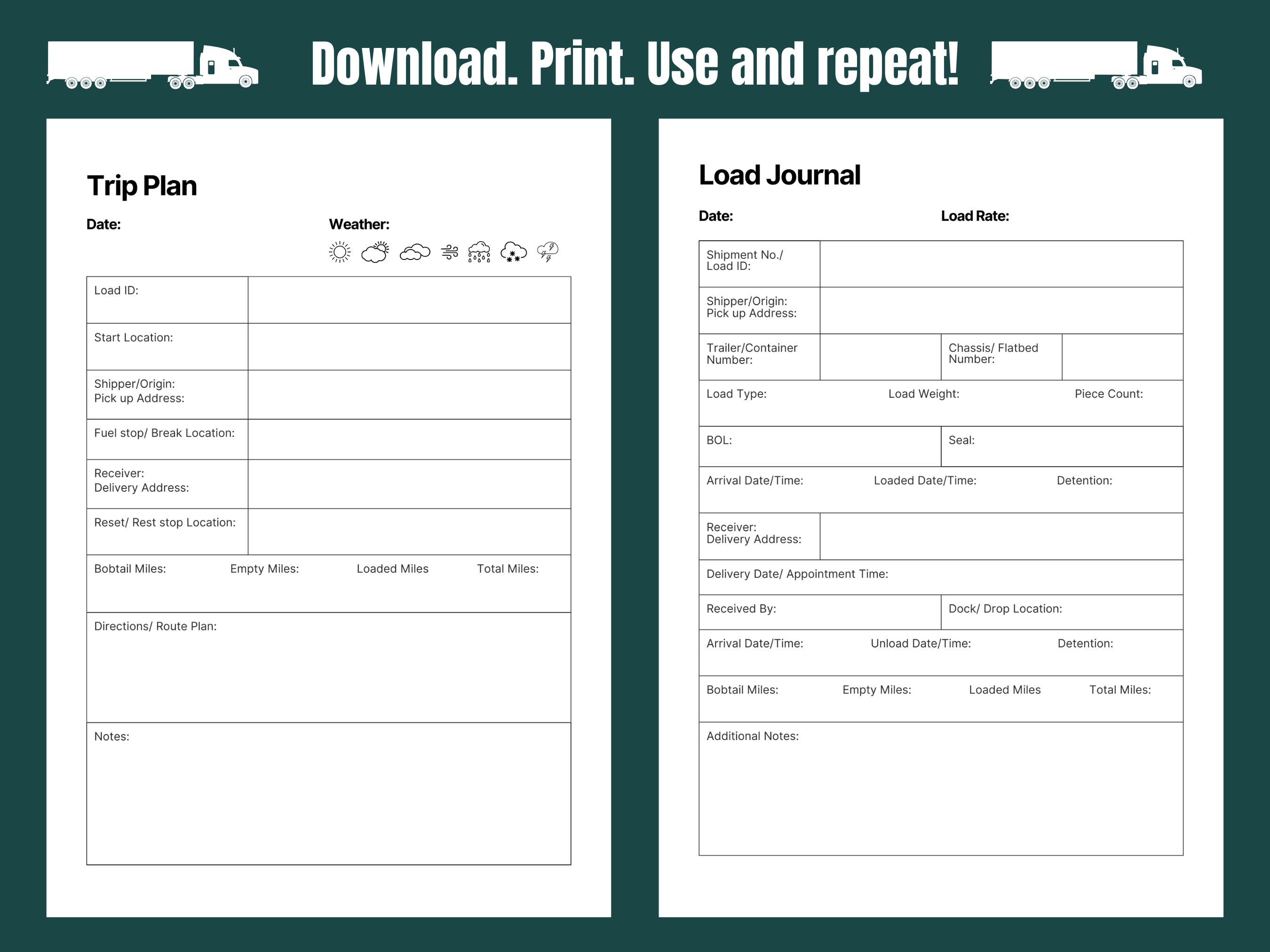 Trucking Dispatch Journal and Load Logbook Printable Mileage Tracker ...