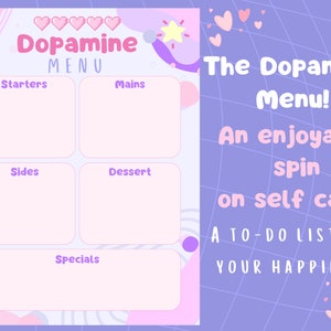 Dopamine Menu template Printable! Dopamenu ADHD menu Self care activities. Ultimate self love to-do list for the best mental health day!