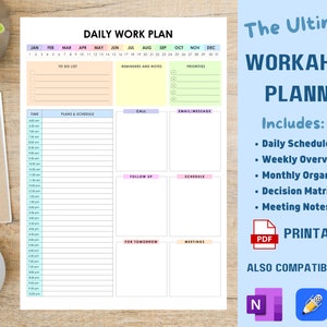Puede incluir: Un planificador de trabajo diario imprimible con secciones para listas de tareas, recordatorios, planes, llamadas, correos electrónicos, seguimiento, horarios y reuniones. El planificador es compatible con Microsoft Word, Google Docs y Adobe Acrobat.