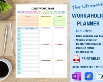 Planificador de trabajo Rastreador de tareas de Office Organizador del día de trabajo imprimible y planificador de listas de tareas Horario de reuniones de Office Business y trabajo desde casa.