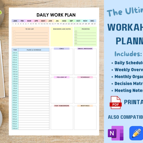 Work Planner Office Task Tracker Printable Work day organizer and to do list planner Office Business and work from home meeting schedule.