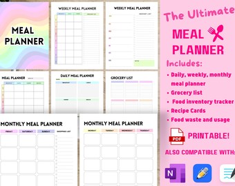 Printable Meal Planner and Weekly Food Diary. Meal Tracker Food Journal, Meal Plan, Meal Prep Grocery List and Kitchen inventory Recipe card
