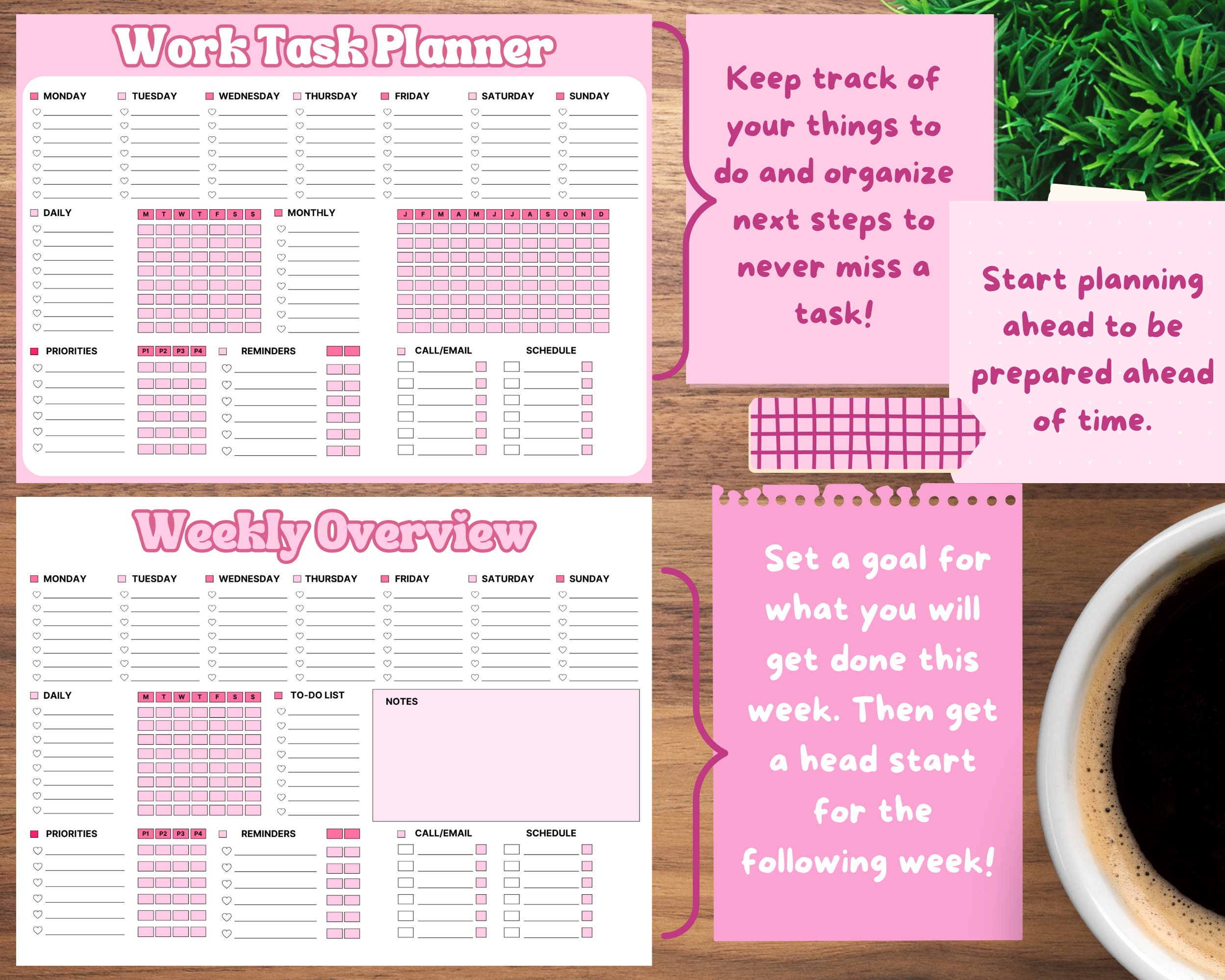 Pink Work Planner! Office Task Tracker Printable Work Day Organizer and ...