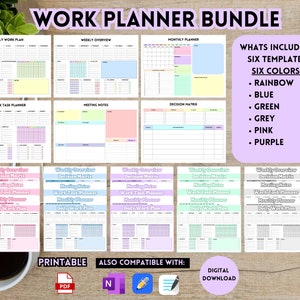 May include: A printable work planner bundle featuring six different templates in six colours: rainbow, blue, green, grey, pink, and purple. The templates include a daily work plan, weekly overview, monthly planner, work task planner, meeting notes, and decision matrix. The text "Printable" and "Also Compatible With" is displayed at the bottom of the image. The text "Digital Download" is displayed in the bottom right corner of the image.