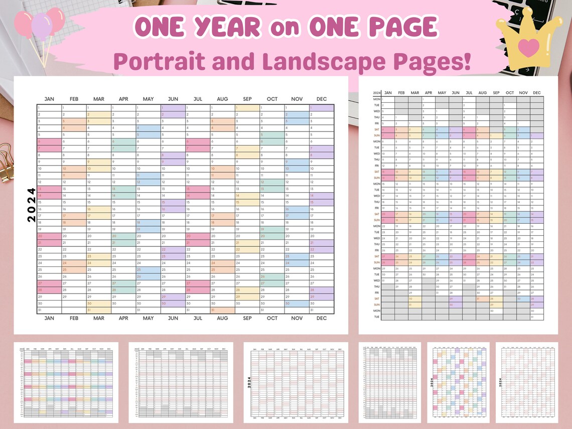 Printable 2024 Yearly Calendar Annual Planner Template BUNDLE Year at a ...