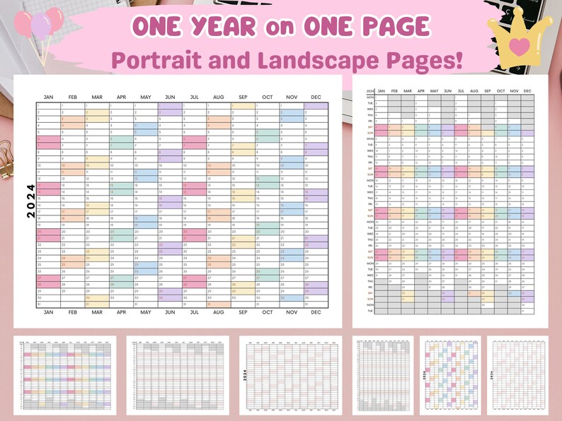 Printable 2024 Yearly Calendar Annual Planner Template BUNDLE Year at a ...