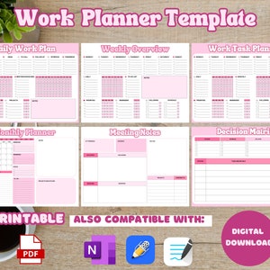 May include: Printable work planner template with pink and white design. Includes daily, weekly, monthly, meeting notes, and decision matrix pages. Also compatible with PDF, Notion, and Google Docs.