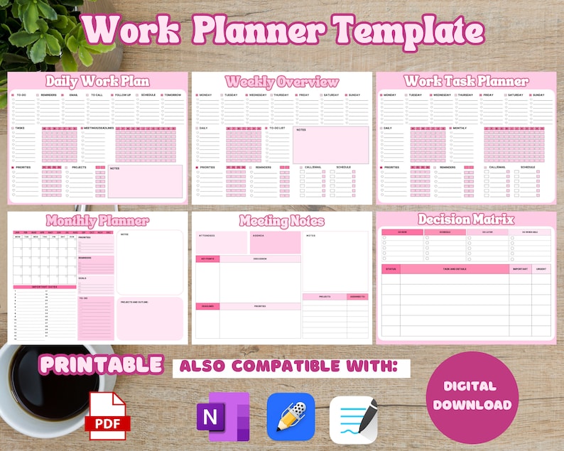 Pink Task Racker Pink Work Planner! Office Task Tracker Printable Work Day Organizer and ...