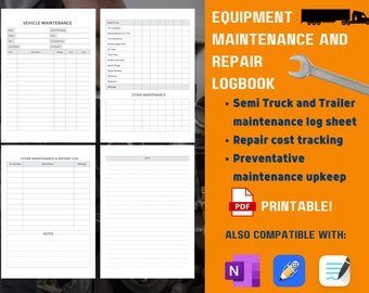 May include: Printable logbook for semi-truck and trailer maintenance. Includes sections for vehicle maintenance, other maintenance and repairs, and notes. Compatible with popular software like Notion, Google Docs, and Apple Pages.