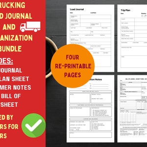 Pode incluir: Um pacote de diário de carga e organização de caminhões imprimível. O pacote inclui um diário de carga, uma folha de planejamento de viagem, notas de clientes e uma folha de conhecimento de embarque em branco. O pacote foi projetado por caminhoneiros para caminhoneiros.