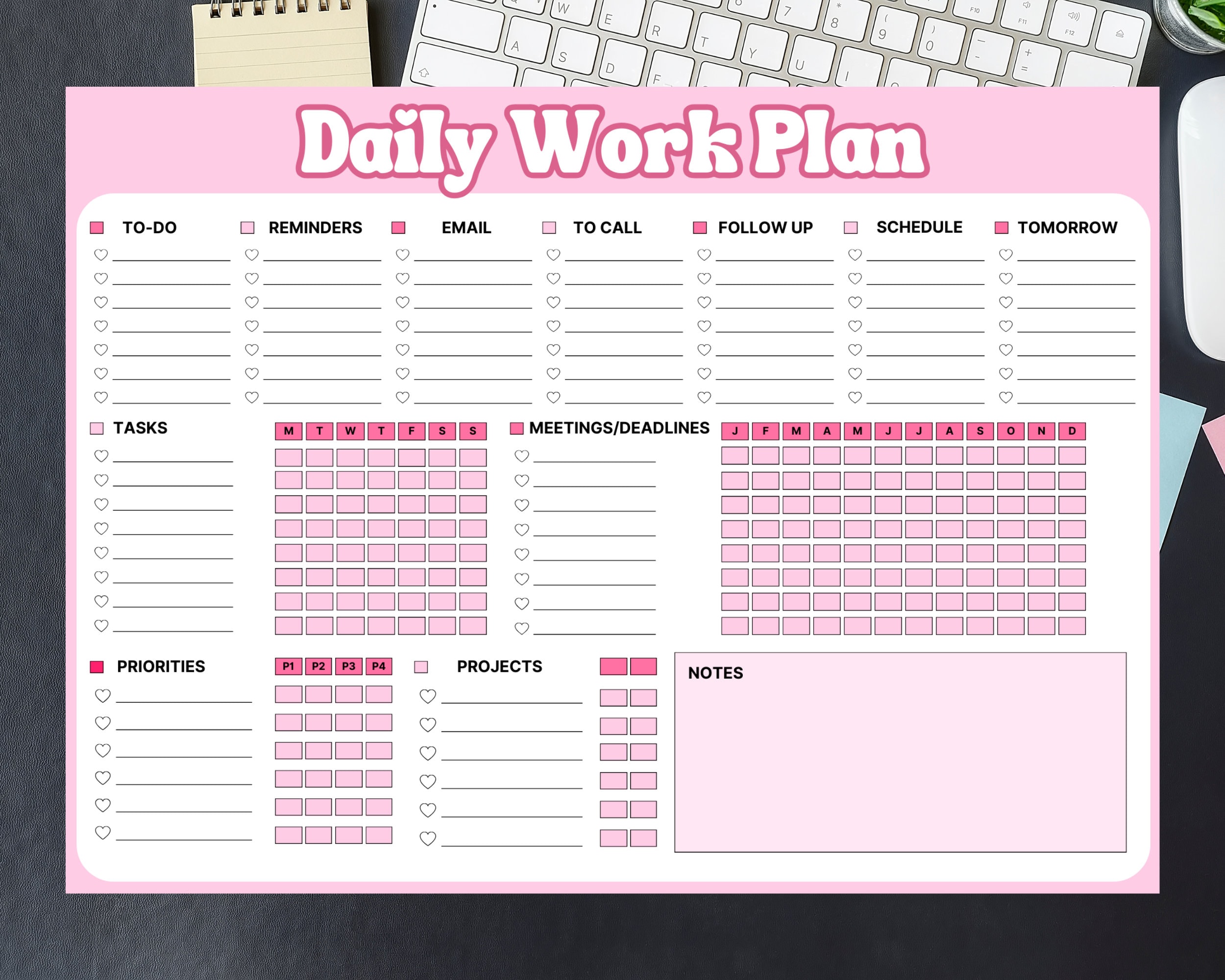 Pink Task Racker Pink Work Planner! Office Task Tracker Printable Work Day Organizer and ...