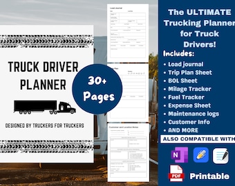 May include: A black and white illustration of a semi-truck on a white background with the text "Truck Driver Planner" and "30+ Pages" in black. The text "Designed by Truckers for Truckers" is also in black. The image is surrounded by a black and white tire tread pattern.