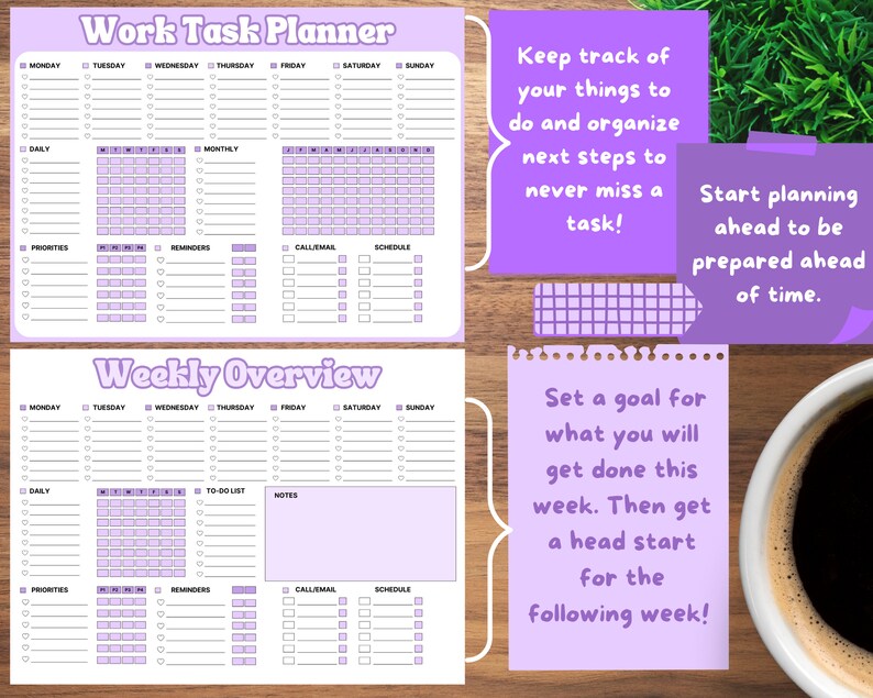 Purple Work Planner Office Task Tracker Printable Work Day Organizer ...