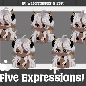 May include: Five digital illustrations of a white-haired, brown-skinned character with horns and a black top. The character has different facial expressions, including smiling, winking, and closed eyes.