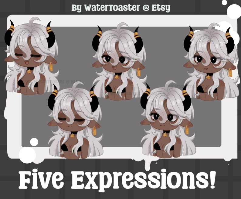 May include: Five digital illustrations of a white-haired, brown-skinned character with horns and a black top. The character has different facial expressions, including smiling, winking, and closed eyes.