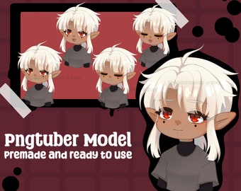 Puede incluir: Ilustración digital de un modelo Pngtuber con piel clara, cabello blanco y ojos rojos. El personaje lleva una camisa gris y tiene orejas puntiagudas. Se muestra el texto "Pngtuber Model premade and ready to use".