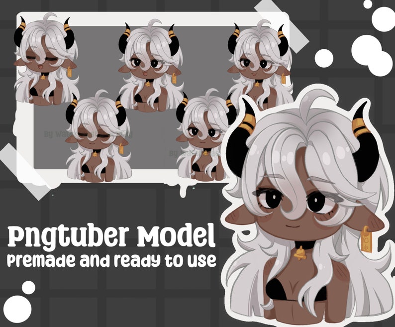 May include: A set of animated character expressions featuring a white-haired, brown-skinned character with horns and a bell necklace. The character has different facial expressions, including winking, smiling, and looking surprised. The character is a PNGtuber model, premade and ready to use.