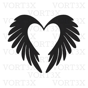 Arquivo de corte vetorial SVG de asas de anjo em formato de coração para cricut, silhueta, svg, png, dxf, pdf, símbolo de impressão de vinil decalque estêncil