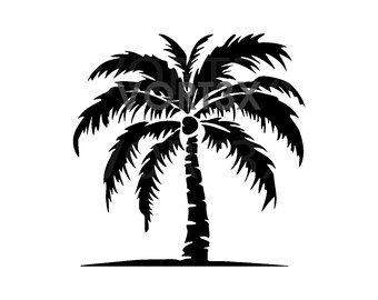 May include: Black silhouette of a palm tree with a single trunk and a full crown of fronds.