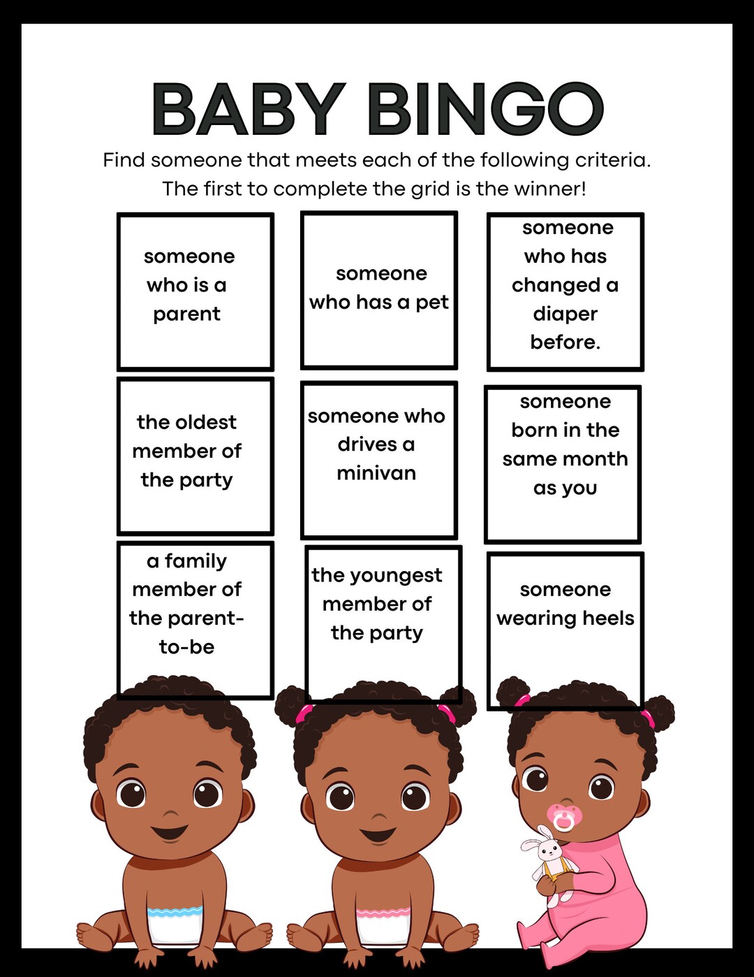 Baby Shower Game Bingo for African American Baby Printable Bingo Game ...