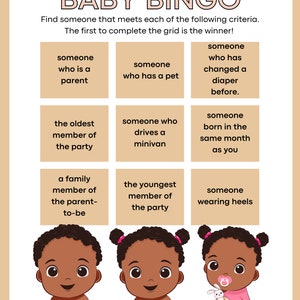Baby Shower Game Bingo for African American Baby Printable Bingo Game