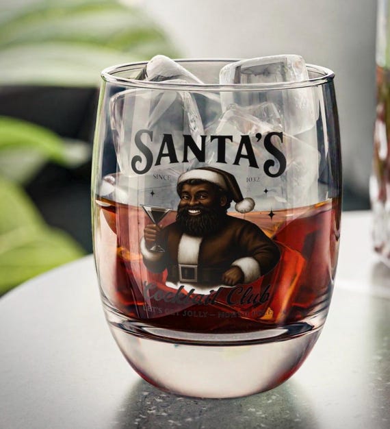 Black Santa Christmas Whiskey Glass Festive Holiday Barware Unique