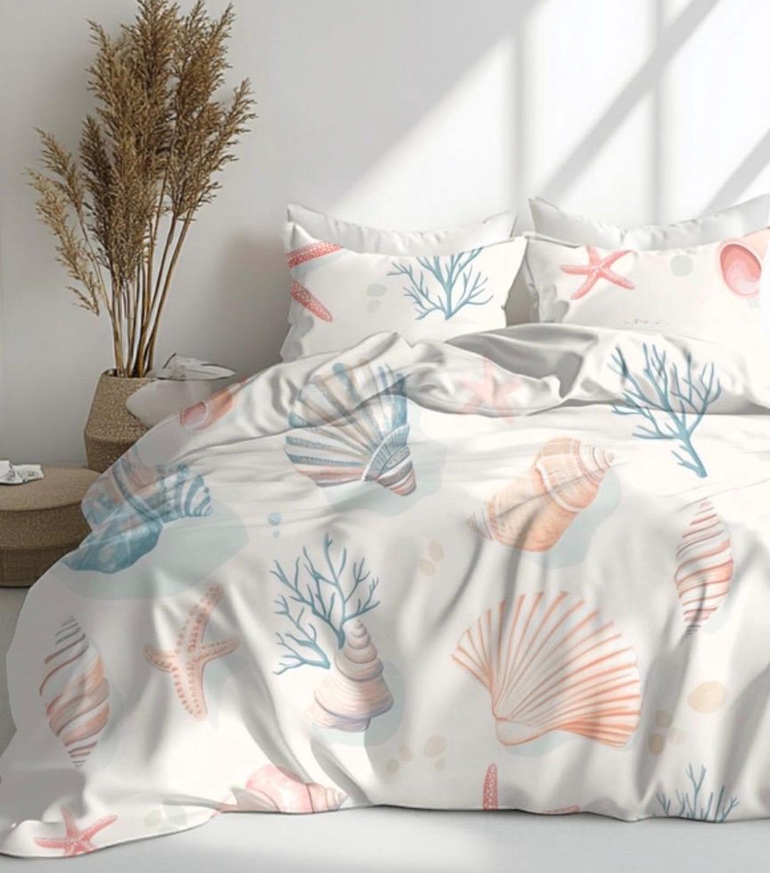 Sea Shell Comforters Coastal Seashell Duvet Cover, Nautical Beach House Bedding Set - Etsy