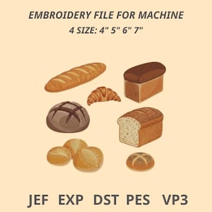 Può includere: Un file di ricamo per ricamatrice con illustrazioni di vari tipi di pane, tra cui baguette, croissant e pagnotte. Il file è disponibile in 4 misure: 10 cm, 13 cm, 15 cm e 18 cm. Formati: JEF, EXP, DST, PES, VP3.
