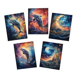 Grußkarten mit Meeresfunken, Delfinen und Mondschein | Mondphase Himmlisch mystisch | 5 Designs - 10x12 | Geschenke für Magische Momente