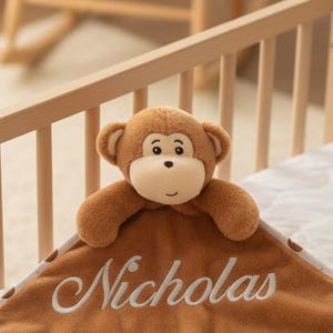 Personalised Monkey Cubbies Blanket, Embroidered Name Baby Keepsake Gift, Soft Plush Comforter, Nursery Decor