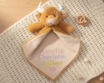Personalised Lovey Gift, Custom Highland Cow Plush, Unique Comforter for Infants and Toddlers