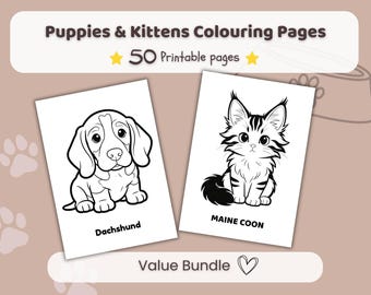 Puppy Kitten Coloring Pages | 50 Printable PDF Value Bundle (Kids Activity)