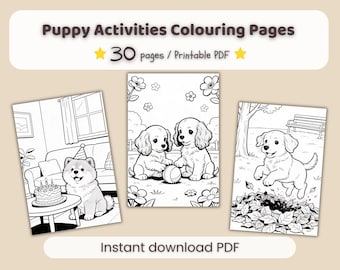 Puppy activities colouring pages (30 printable sheets PDF/ A4 & letter size)
