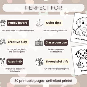 May include: A digital information sheet titled PERFECT FOR featuring icons and text describing puppy-themed coloring pages. It includes illustrations of a Golden Retriever and a Dalmatian puppy, with text detailing 30 printable pages and unlimited prints.